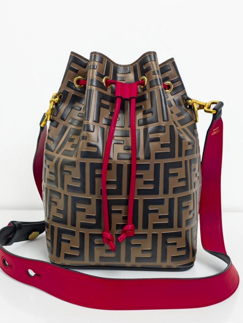 Fendi Mon Tresor Small FF Embossed Leather Bucket Crossbody Bag Brown Red